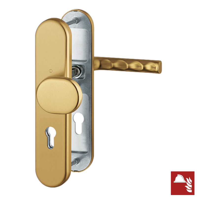 Komplet pochwyt-klamka Hamburg do drzwi ppoż w kolorze starego złota F4