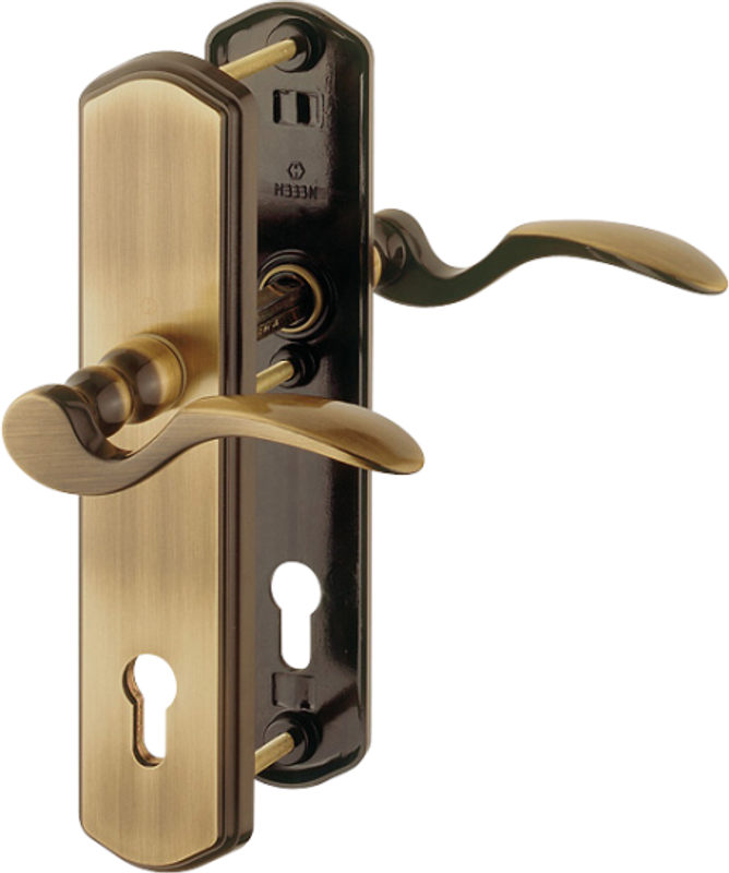 Klamka-klamka Munchen ze stalową tarczą zabezpieczającą, kolor mosiądz brązowiony, 82-87 mm, wersja lewa